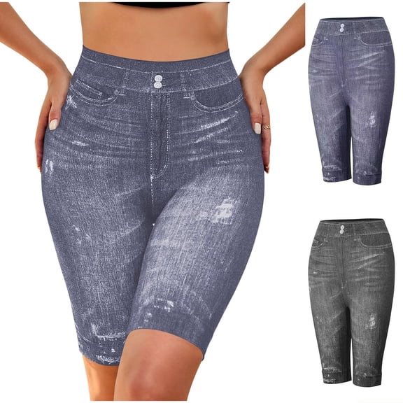 Teyfeniy Navy Womens Faux Jean Yoga Shorts Slim with Jorts Print Fashion Casual Shorts Stretchy High Waist Workout Biker Short Athletic Comfy Short