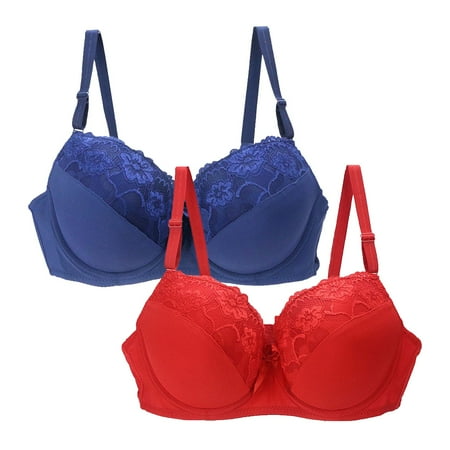 FUNUONY Women s Push Up Lace Bra Underwire Plunge Full Coverage Bras Padded 2Pack Women s Underwear Bra Lace Bra for Women Plus Size Hot Pink 105D