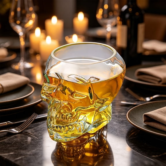 Skull Shaped Whiskey Glass Set of 4 Sizes, Heavy Base Skeleton Drinking Cup for Halloween Bar Decor, Gothic Gift for Men