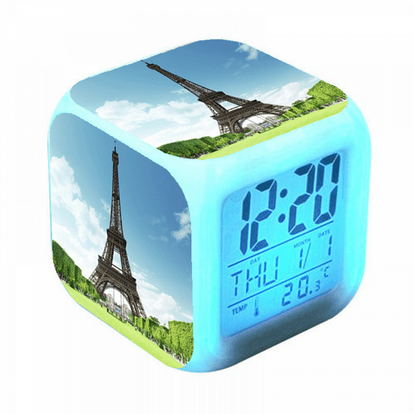 YIXINGCHEN Digital Alarm Clock for Kids, Cartoon Eiffel Tower Pattern 7 LED Color Changing Wake Up Clock with Thermometer Function and Night Light, Gift for Boys Girls A93-523 XCNZ#1657