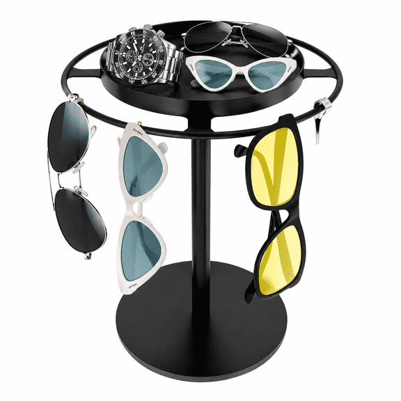 Matte Black Sunglass Organizer, Glasses Holder Stand with Storage Tray, Eyeglasses Holder for Tabletop, Desk & Dresser