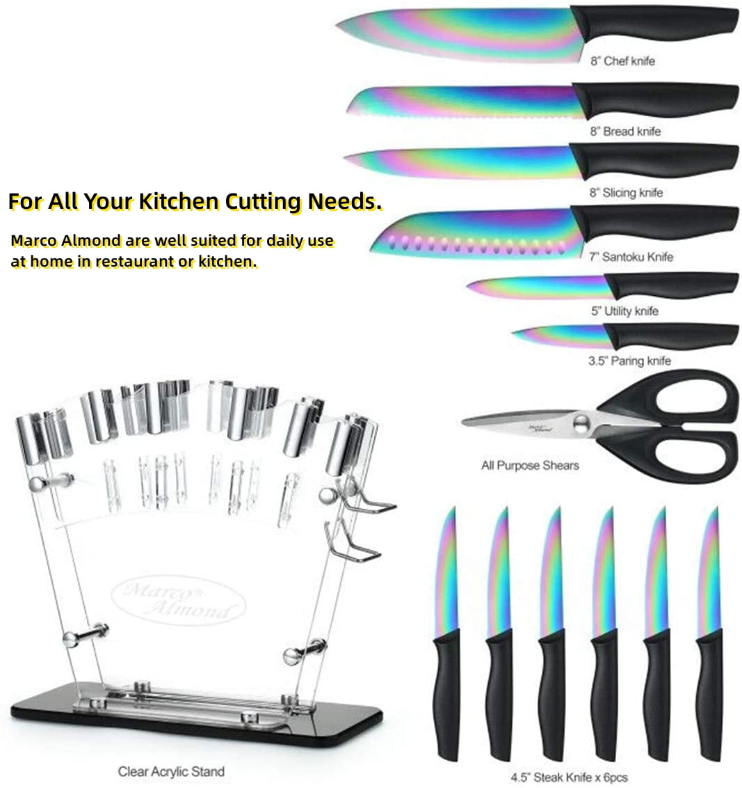 Rainbow Knife Set,Marco Almond KYA35 14 PCS Kitchen Knife Set,Titanium Coating for Anti-rusting, Super Sharp Cutlery Knife Set with Acrylic Stand,Stainless Steel