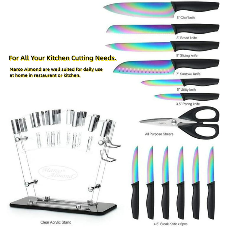 Dishwasher Safe Knife Set,Marco Almond KYA25 14-Piece Titanium Cutlery  Rainbow Kitchen Knife Block Set,Black 