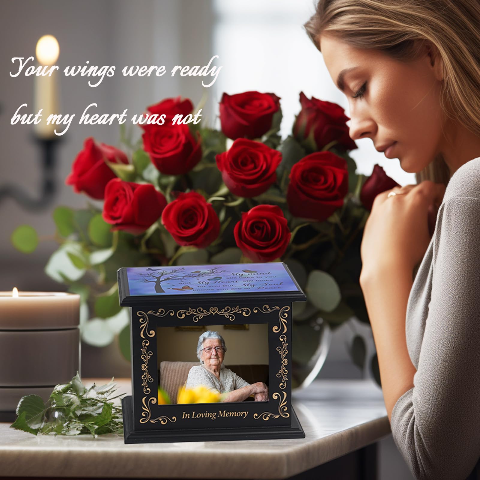 Wooden Urn Box for Ashes Cremation Urns for Human Ashes Adult Male or Female, Memorial Keepsake Urns with Photo Frame, Funeral Casket for Men Women, Burial Urn for Adults Up to 200 IBS-Tree