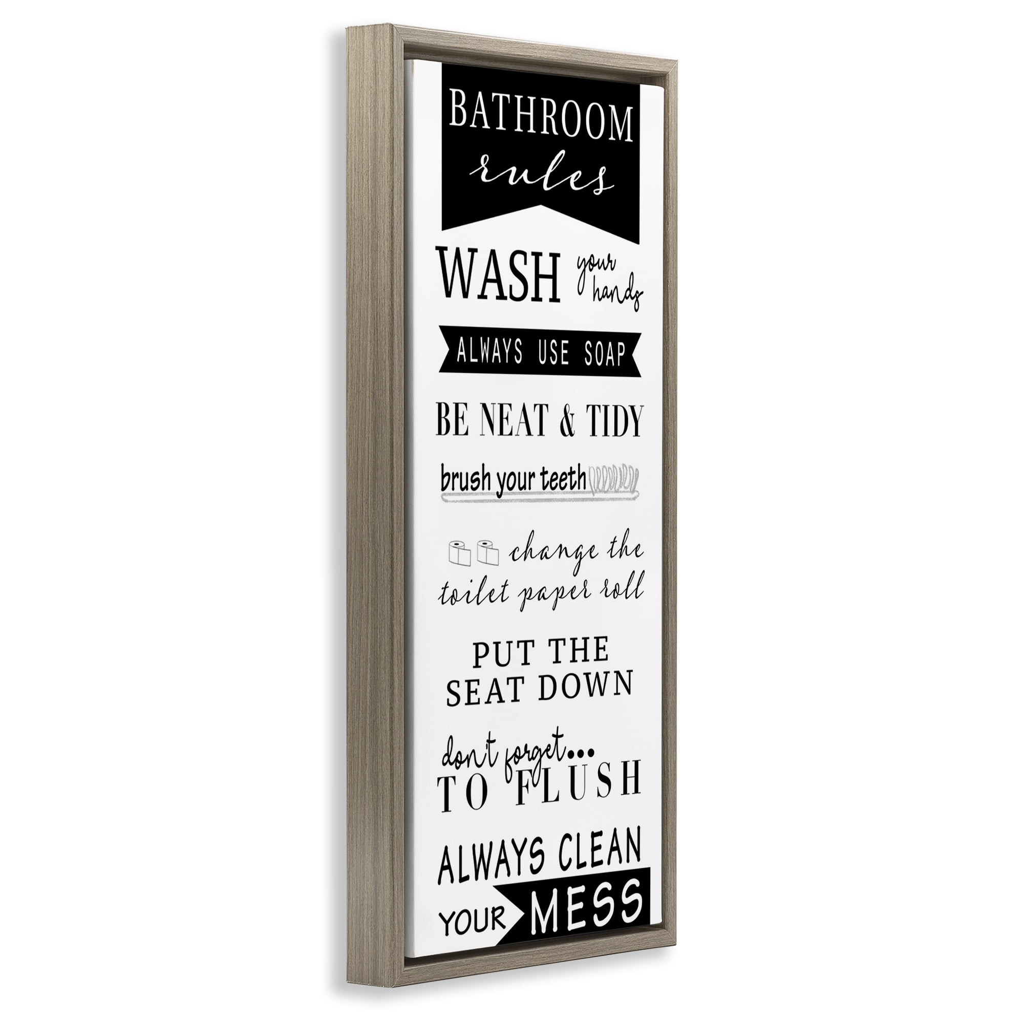Stupell Industries Black Bathroom Rules Typography Painting Brown Floater Framed Canvas Art Print Wall Art, 15 x 31