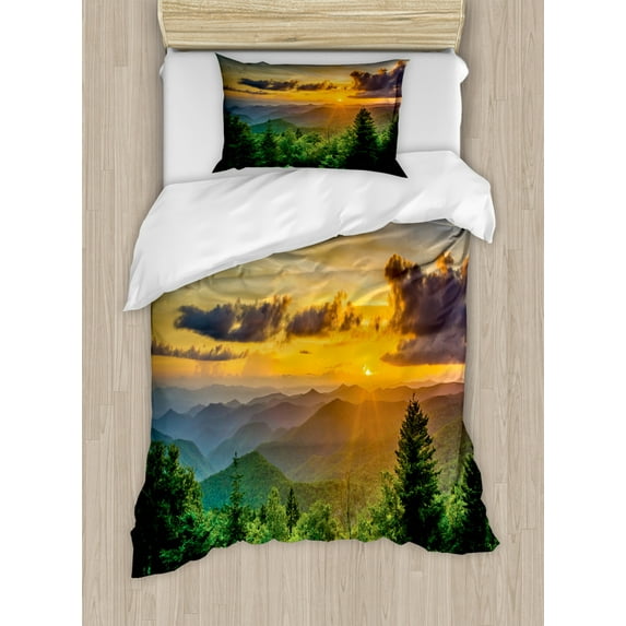 Appalachian Duvet Cover Set Twin Size, Sunset Panorama over Fascinating Mountain Ridges and Trees Amazing Nature, Decorative 2 Piece Bedding Set with 1 Pillow Sham, Multicolor, by Ambesonne