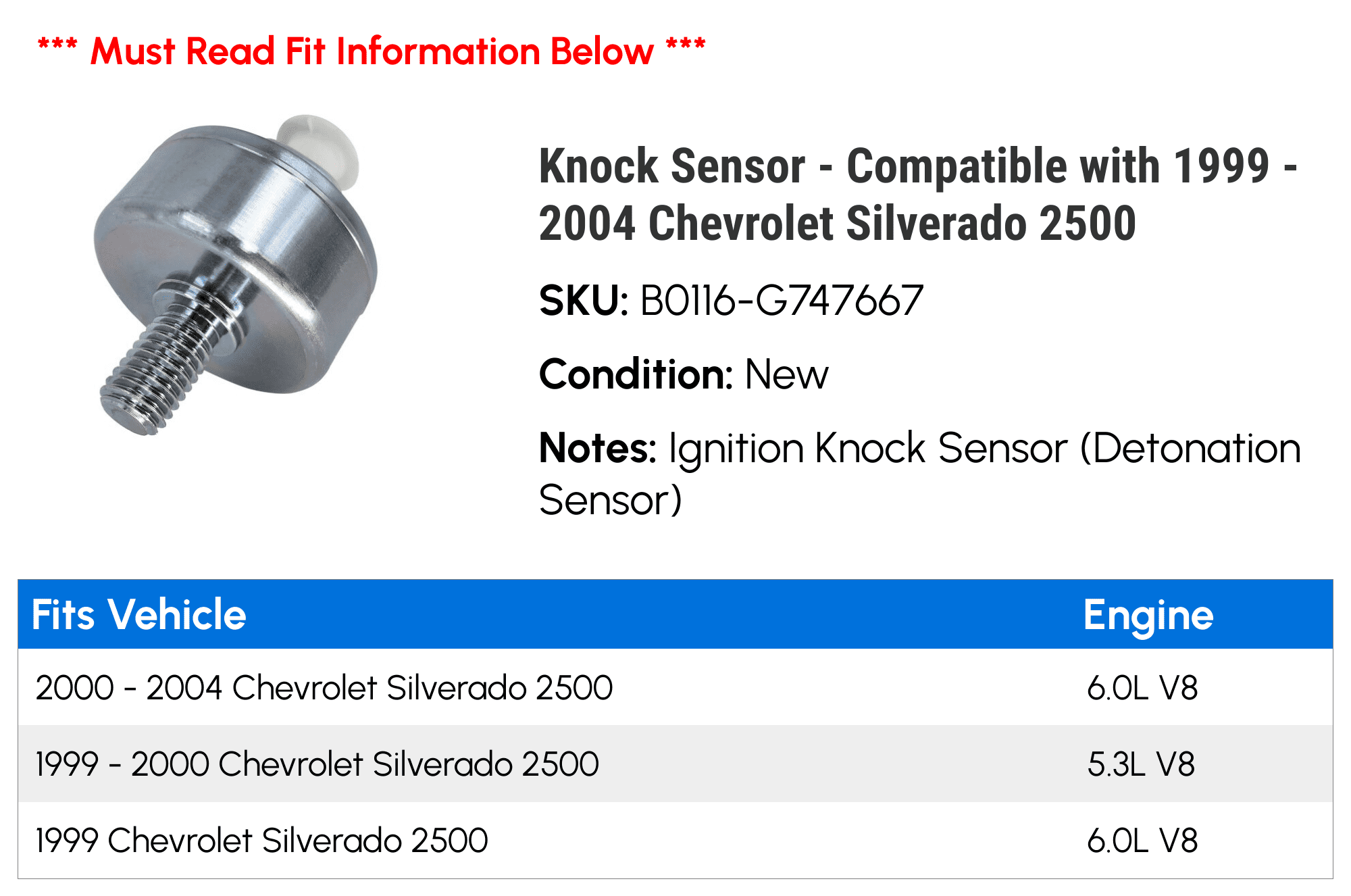 Knock Sensor - Compatible with 1999 - 2004 Chevy Silverado 2500 2000 2001 2002 2003