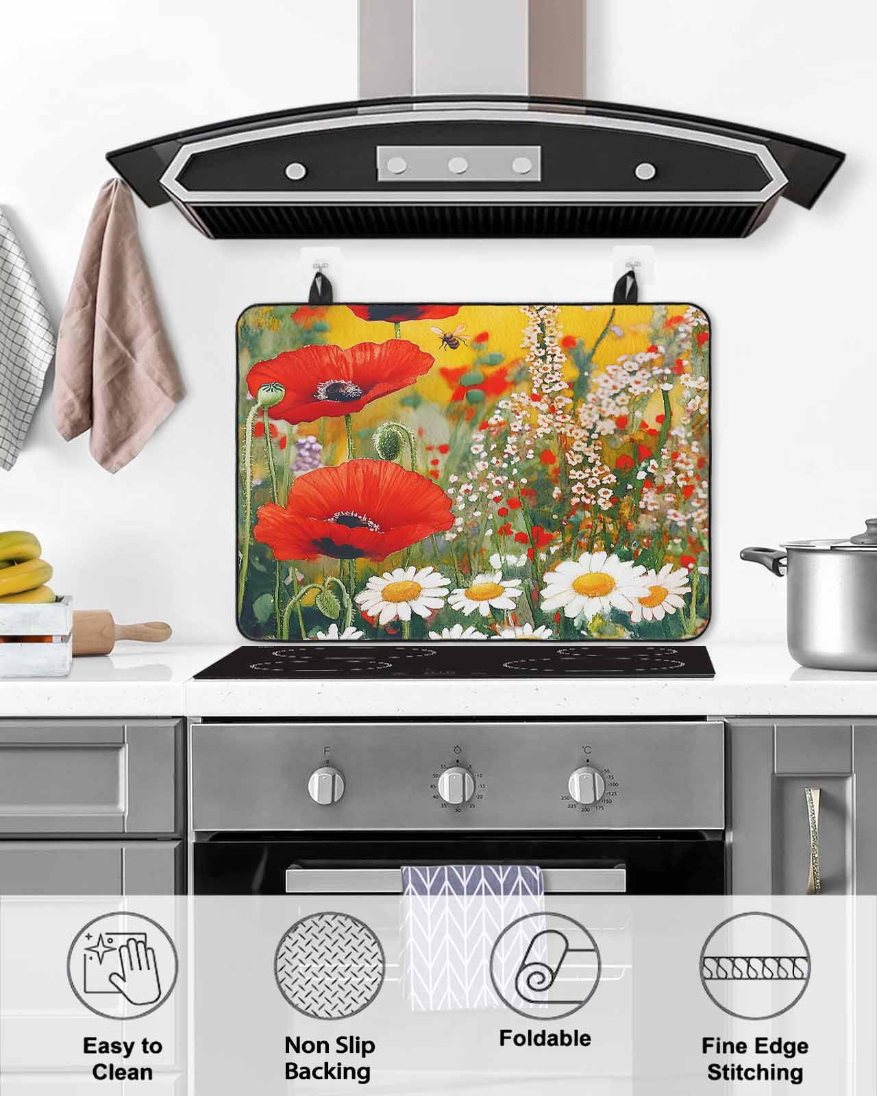 nqOlkjepod Large Induction Cooktop Protector Mat 24"x21", Spring Botanical Stove Top Covers for Electric Stove, Modern Watercolor Daisy Poppy Flower Bees Stove Burner Cover Mats Stove Cover