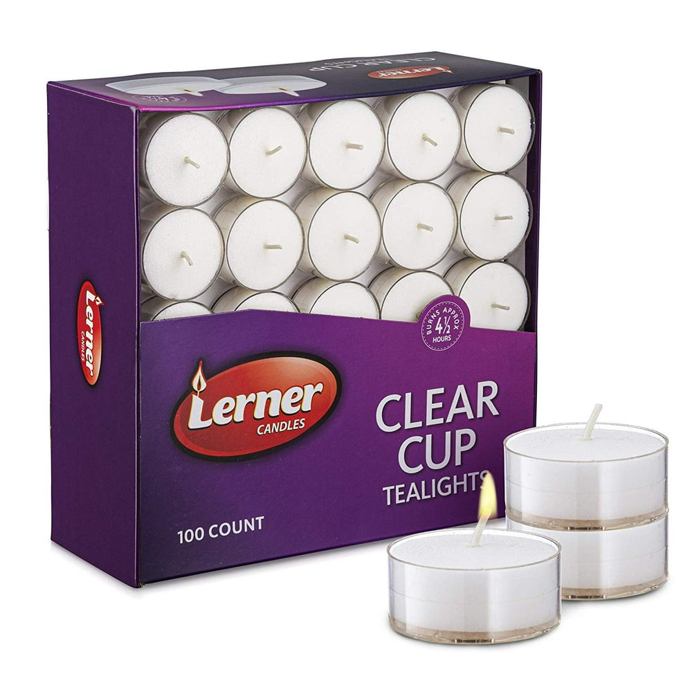 Lerner 100 Pack Unscented White Tea light Candles in clear cup holder