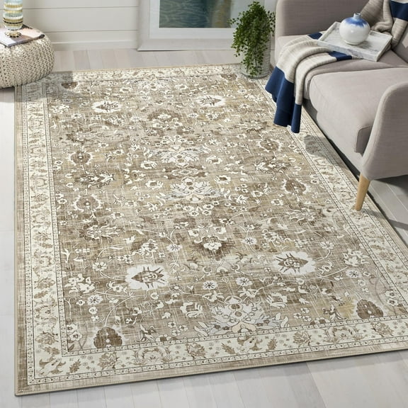 MJIAexp 3'x5' Moroccan Bedroom Rug Washable Vintage Boho Area Rug Non-Slip Accent Throw Rug Stain Resistant Floor Carpet for Kitchen Entryway Bathroom Living Room Office Floral Beige