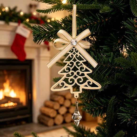 Toycle Hollow Metal Christmas Ornaments Golden Hanging Decor With Bow Crystal Xmas Tree Decorations For Decor C