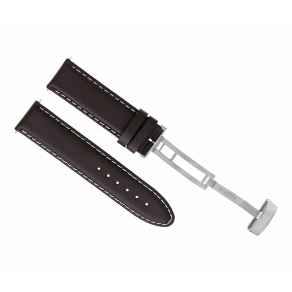 18mm Calf Leather Watch Strap Band, Dark Brown with White Stitching, 115mm x 75mm