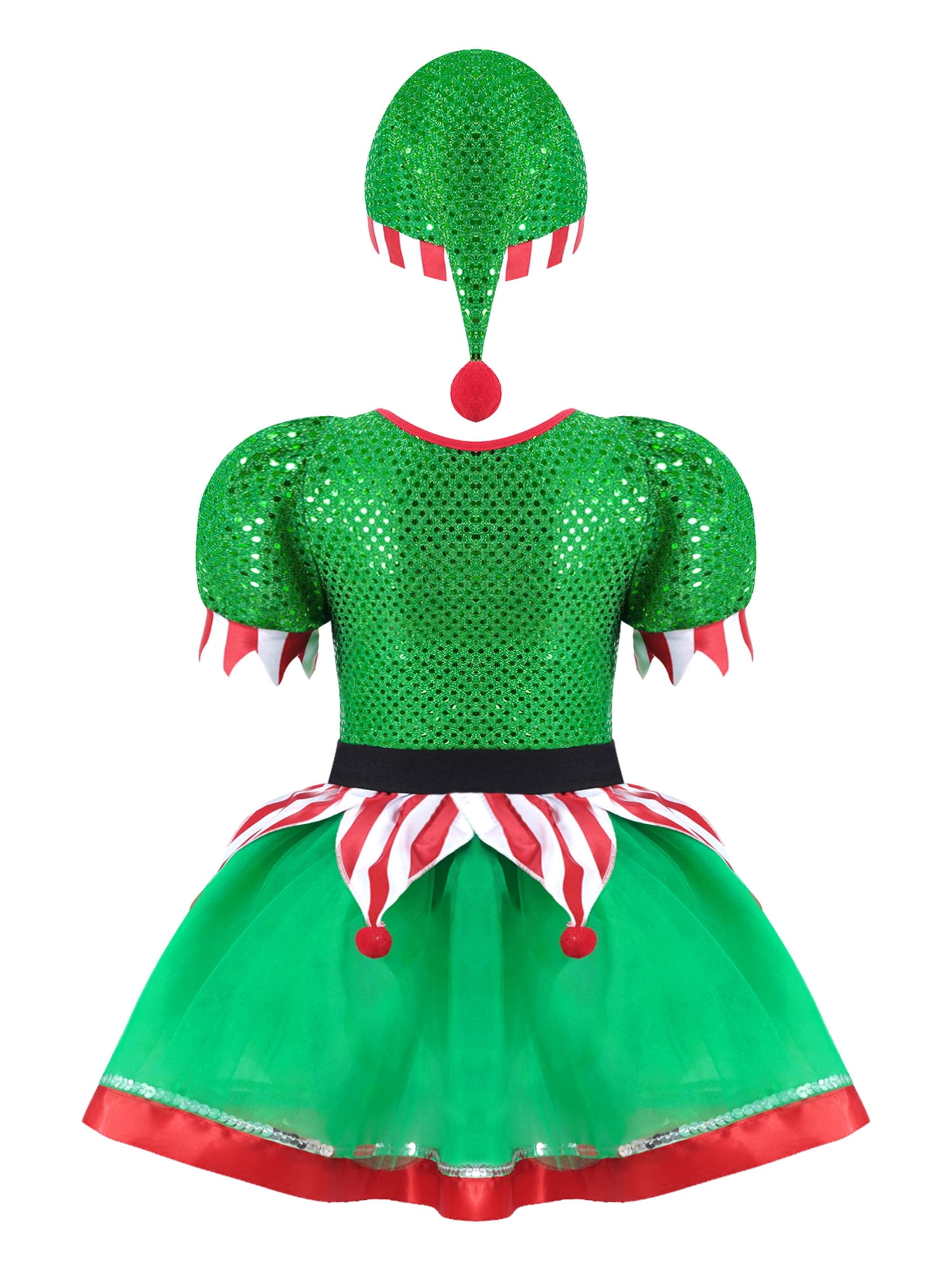YEAHDOR Kids Little Girls Christmas Santa Elf Costume Sequins Tutu Leotard Dress with Hat Outfit Set Holiday Festive Dress Outfit Green-A 8