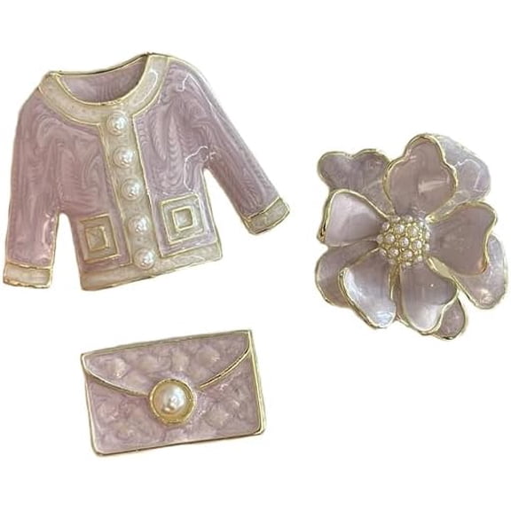 Elegant Flower Imitation Pearl Brooch Pin Set Retro Enamel Coat Bag and Camellia Lapel Collar Brooches Pins Fashion Birthday Business Jewelry for Women Dress Suit Sweater Shirt Badge Accessory 3Pcs