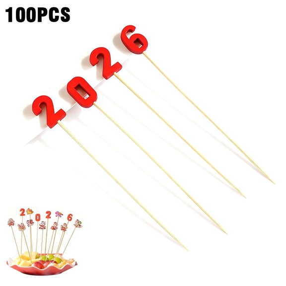 100 Pcs 2026 New Year Cocktail Picks,4.7 Inch Holiday Festival Toothpicks for Appetizers,Fruits and Drink Garnish,Christmas & Lunar New Year Holiday Events Party Supplies