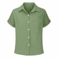 thumbnail image 4 of Girls Teen Linen Shirts Button Down Wrinkled Gauze Tops Summer Short Sleeve V Neck Blouse Beach Cotton Linen Tee,Army Green,11-12 Years, 4 of 6