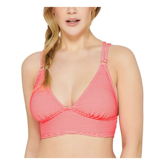 HULA HONEY Women's Orange Striped Stretch Corset Back Removable Cups Deep V Neck Tie Swimsuit Top XL