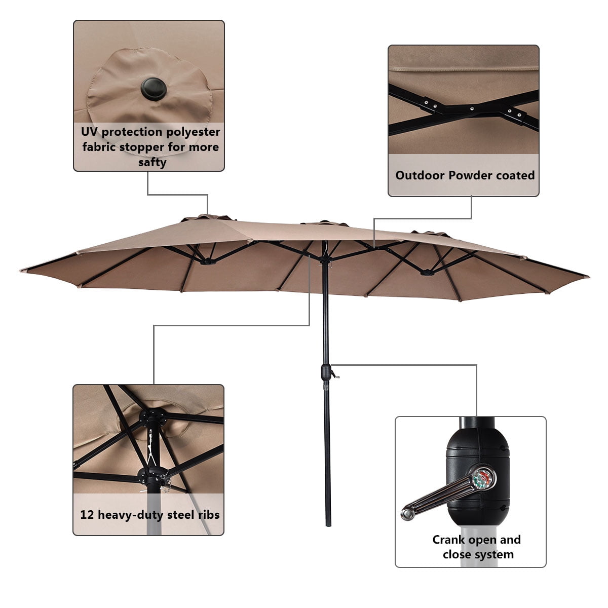 Costway 15' Market Outdoor Umbrella Double-Sided Twin Patio Umbrella with Crank Tan