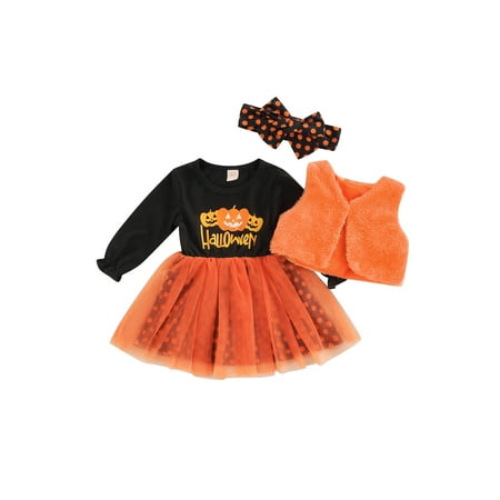 

TheFound 3Pcs Infant Baby Girls Halloween Outfit Long Sleeve Pumpkin Print Tutu Dress Velvet Vest Jacket Headband Clothes
