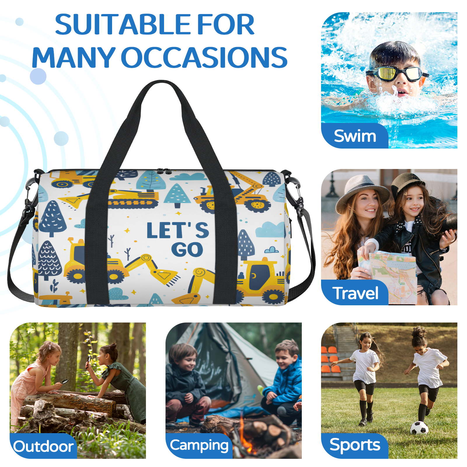 Herdesigns Construction Gym Bag for Women, Duffle Bag for Travel Sport, Excavator Vehicle Lightweight Waterproof Carry on Weekender Dance Yoga Workout Bags
