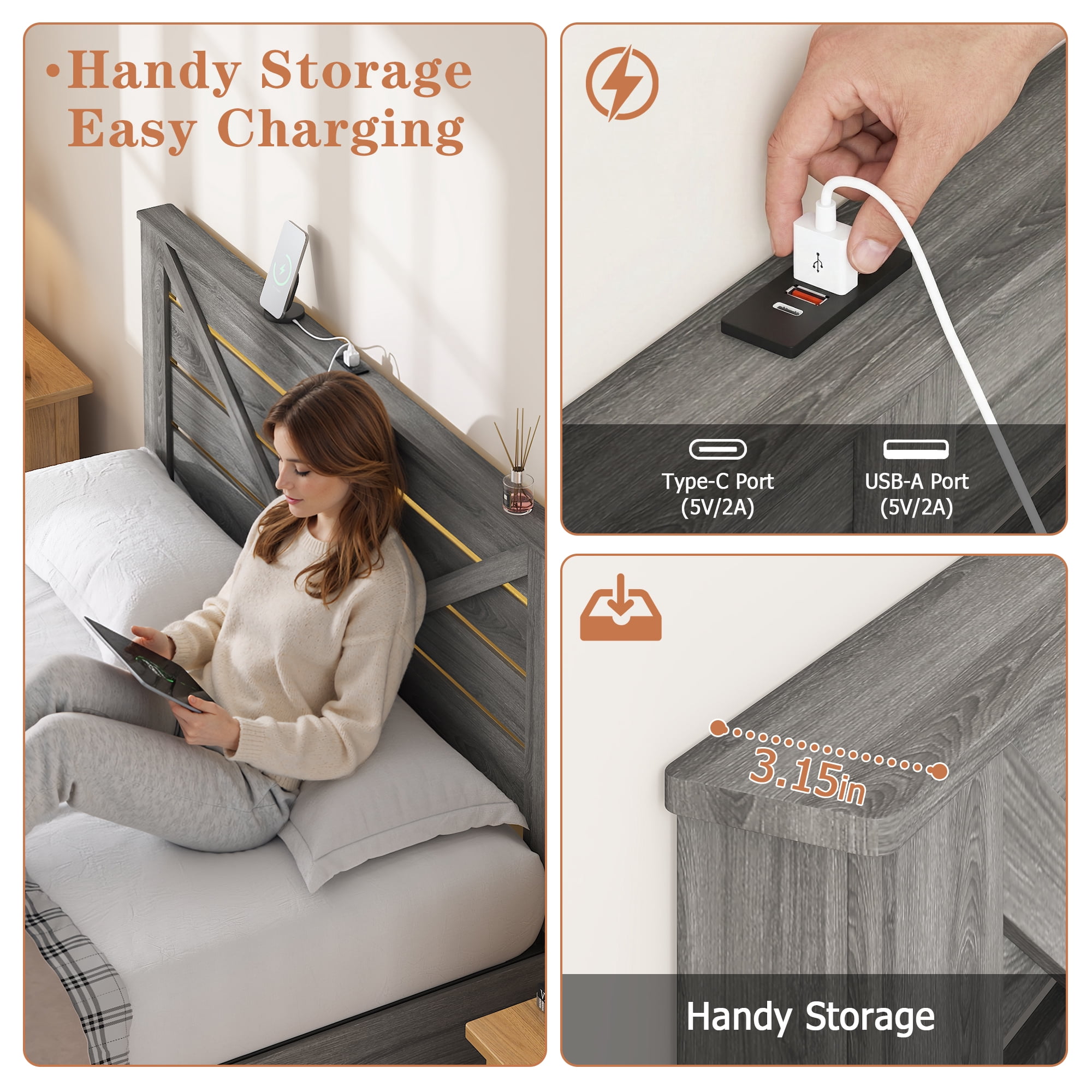 Full Size Bed Frame with Storage Headboard (4 Storage Drawers on Bed Body + LED Lighting) – Anti-Slip & Noise-Free Metal Mattress Support Platform + Sturdy Metal Slat Base,Gray