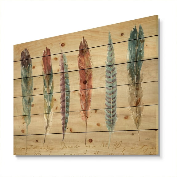 Designart 'Cottage Feathers Family III' Lake House Print on Natural Pine Wood