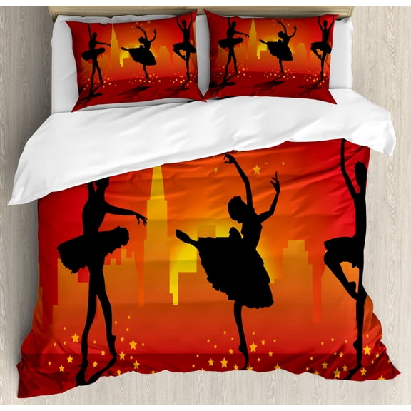 Ballet Duvet Cover Set Queen Size, Ballerinas Dancing with Stars in front of Urban Buildings City Scenery, Decorative 3 Piece Bedding Set with 2 Pillow Shams, Orange Vermilion Black, by Ambesonne