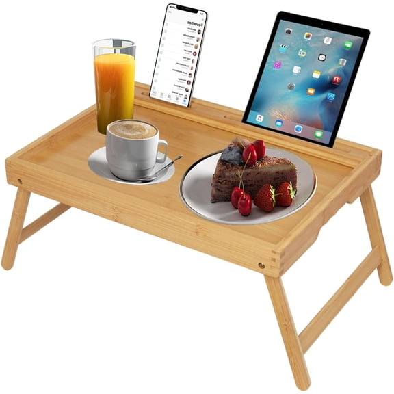 Promitop Bed Tray Table with Folding Legs, Bamboo Breakfast Food Tray with Media Slot, Use As Platter, Laptop Desk, Snack, TV Tray Kitchen, Natural