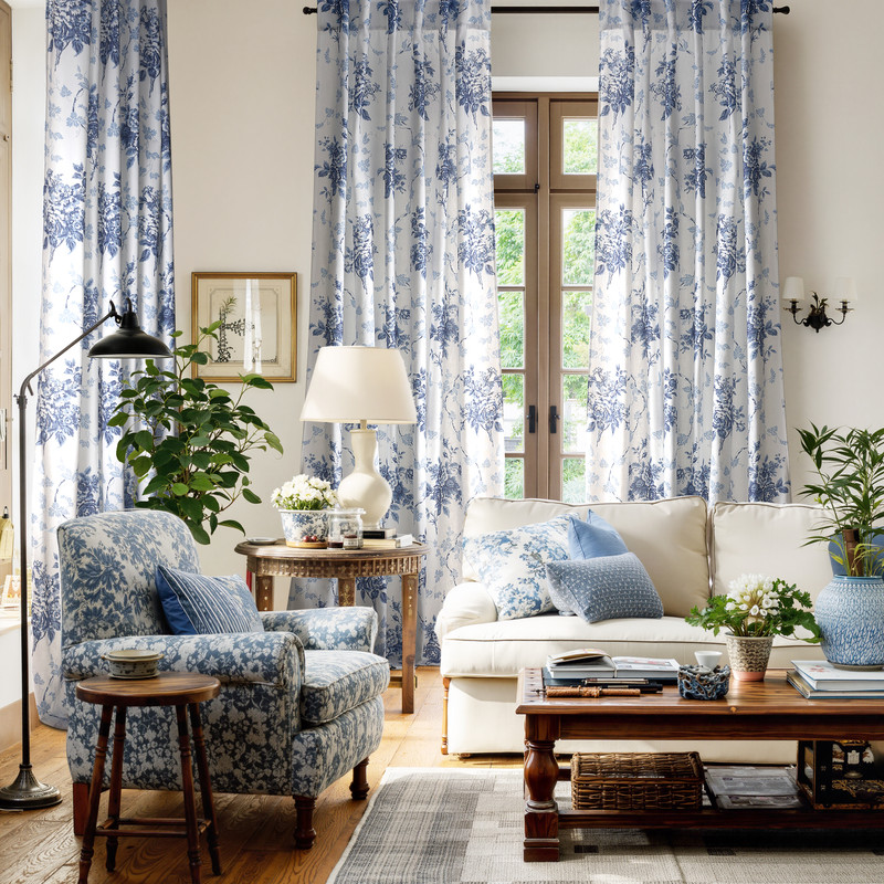 NICETOWN Floral Curtains for Bedroom, Faux Belgian Linen Curtains Light Filtering Semi Sheer Linen Drapes Back Tab Privacy Protection Window Treatments, Blue, 52"x84", 2 Panels