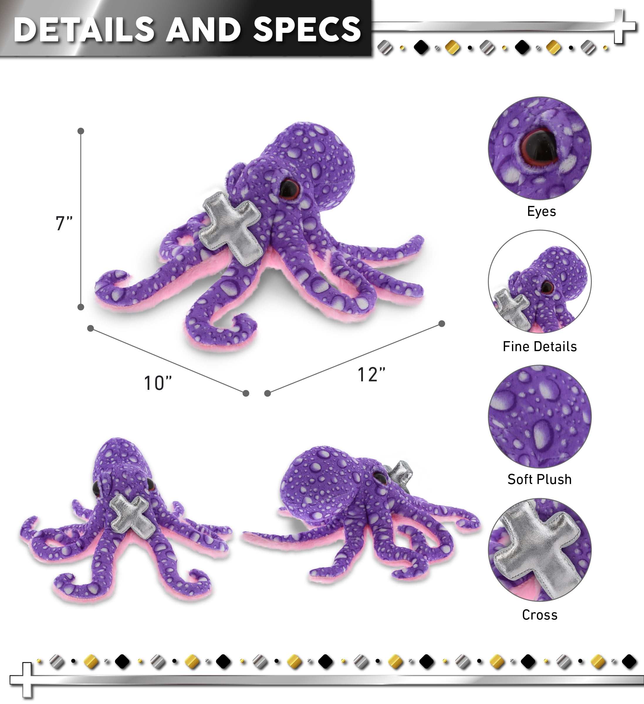 DolliBu Wild Collection Purple Octopus Stuffed Animal with Silver Cross Plush - Religious Baby Baptism Gift for Boys and Girls, Dedication Christening Plush Prayer Toy Healing Teddy Bear - 12 Inches