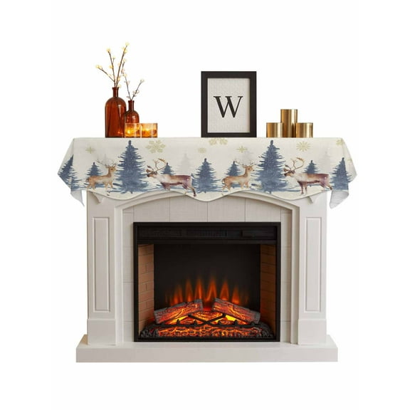 Christmas Tree Elk Fireplace Mantle Scarf, Farmhouse Golden Snowflake Xmas Mantel Cover Table Runner for Home Living Room Door Window, Indoor Outdoor Holiday Party Decor 17" x 70"