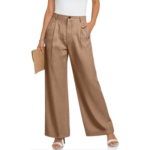 Women's High Waist Linen Beach Pants Boho Wide Leg Loose Fit Summer Vacation Trousers Camel L