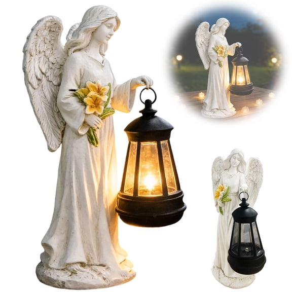MMJ Angel Garden Statue with Lantern LED Light Outdoor Resin Sculpture Decorative Figurine for Yard Patio Memorial