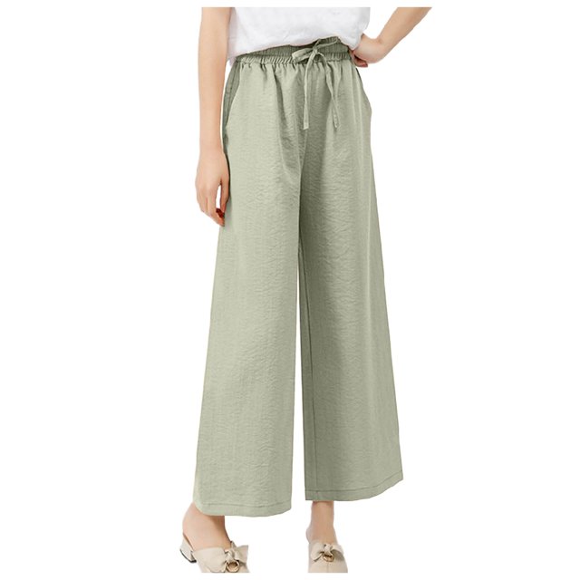 Ladies Pants Casual Ladies Nine Point Wide Leg Pants Culottes Spring Summer Ice Silk Ladies Summer Pants Green M