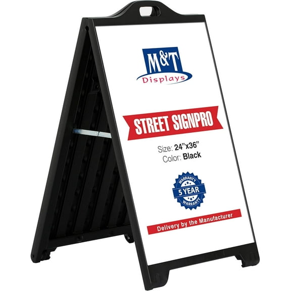 M&T Displays Street SignPro Board, Black 24x36 Inch Sandwich Board A-Frame Sidewalk Curb Sign Holder Folding Portable Double Sided Advertising Display for Restaurant Cafe