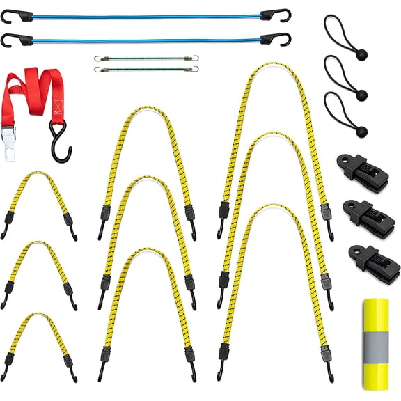 SUPER SMITHEE Flat Bungee Cords with Hooks Heavy Duty Industrial Perfect for Moving, Hauling, Garage, Yard, Utility Complete with Trunk Tie Down