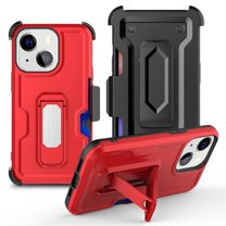 Ultra Rugged Hybrid Kickstand Case with Card Slot and Belt Clip Holster for iPhone 15 Plus - Red