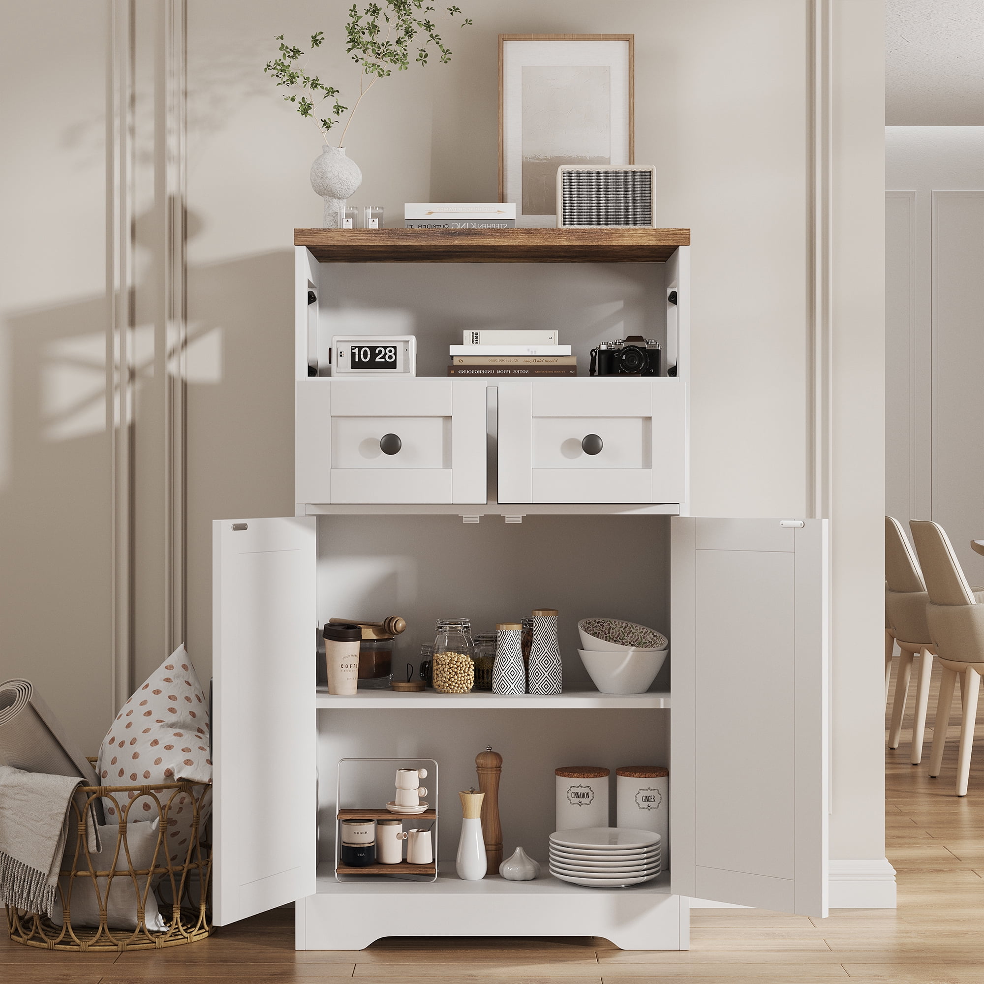 Farmhouse Storage Cabinet with Doors and Drawers, Freestanding Kitchen Pantry Cabinet Sideboard, White