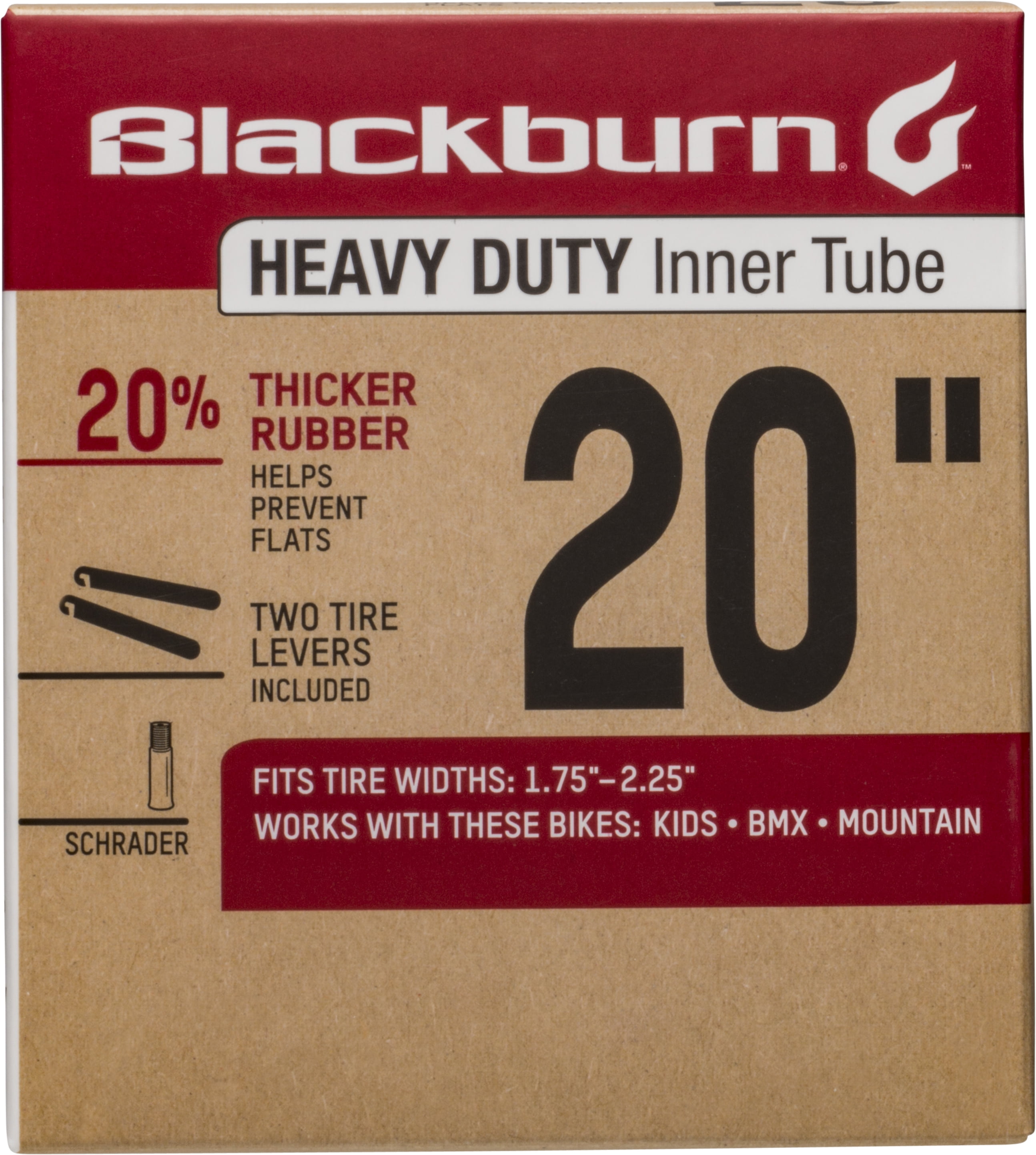 Blackburn Heavy Duty Bicycle Inner Tube with Tire Levers, Schrader Valve, 20' x 1.75-2.25'