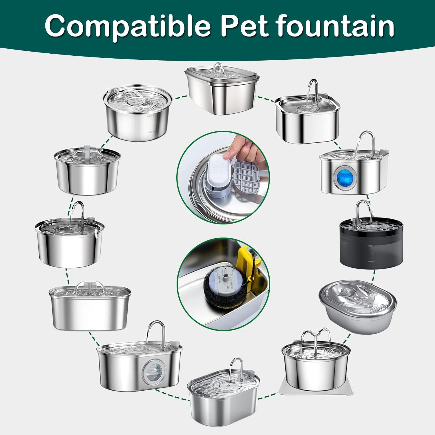Cat Water Fountain Filter,16 Pack Cat Fountain Replacement Filters for Stainless Steel 67oz/2L Adjustable Water Flow Pet Water Fountain,Dog Water Fountain (8+8 Pack)