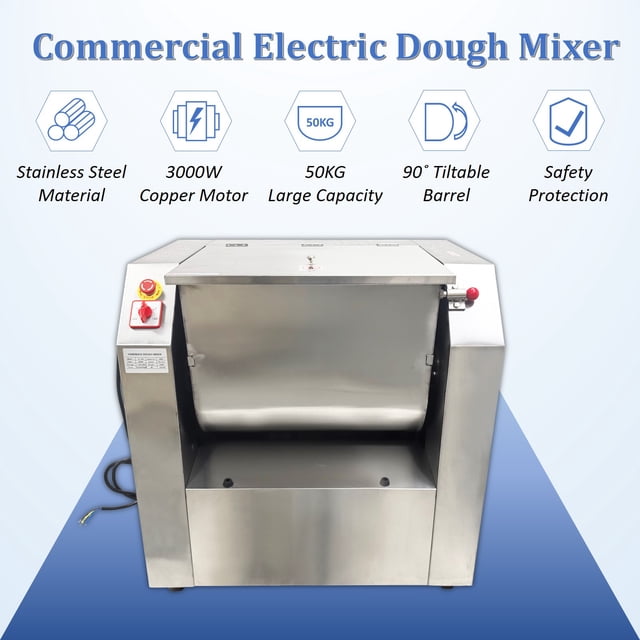 Mélangeur de Pâte Électrique Commercial de 50 kg en Acier Inoxydable, Machine de Mélange d'Aliments avec Bol Inclinable à 90° 110 V