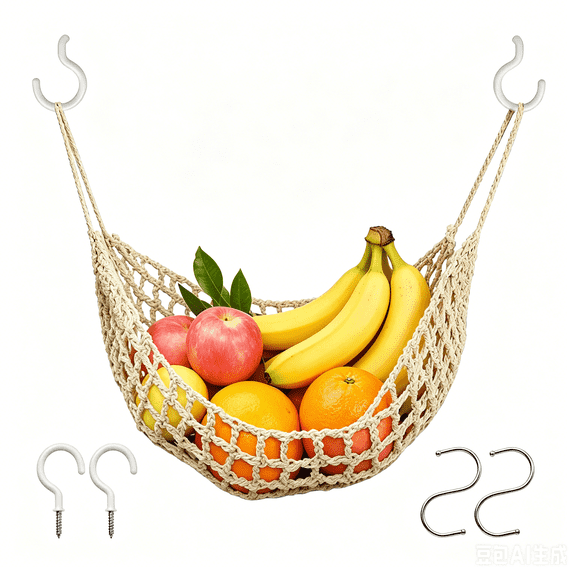 Fruit Hammock Under Cabinet with Hooks, Macrame Hanging Fruit Basket for Kitchen, Produce Hammock Banana Hanger, Boho Fruit and Veggie Storage Net, Space Saving Kitchen Organizer.