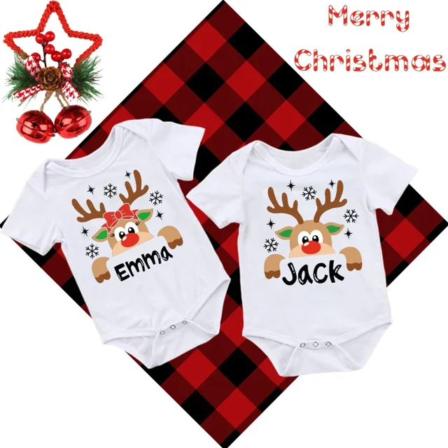 Body navideño personalizado con diseño de ciervo para bebé, ropa personalizada para niño y niña, mono a juego para vacaciones, peleles de manga corta para bebé