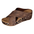 thumbnail image 6 of Rokment Leopard Platform Wedge Sandals for Women Fashion Casual Studded Cross-Band Leather Open Toe Backless Slip on Chunky High Heels Dress Slides Beach Summer Comfortable Brown Size 8.5, 6 of 7