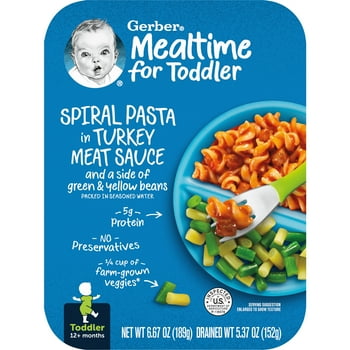 Gerber Spiral Pasta in Turkey Meat Sauce with Green and Yellow Beans Toddler Food, 6.67 oz Tray