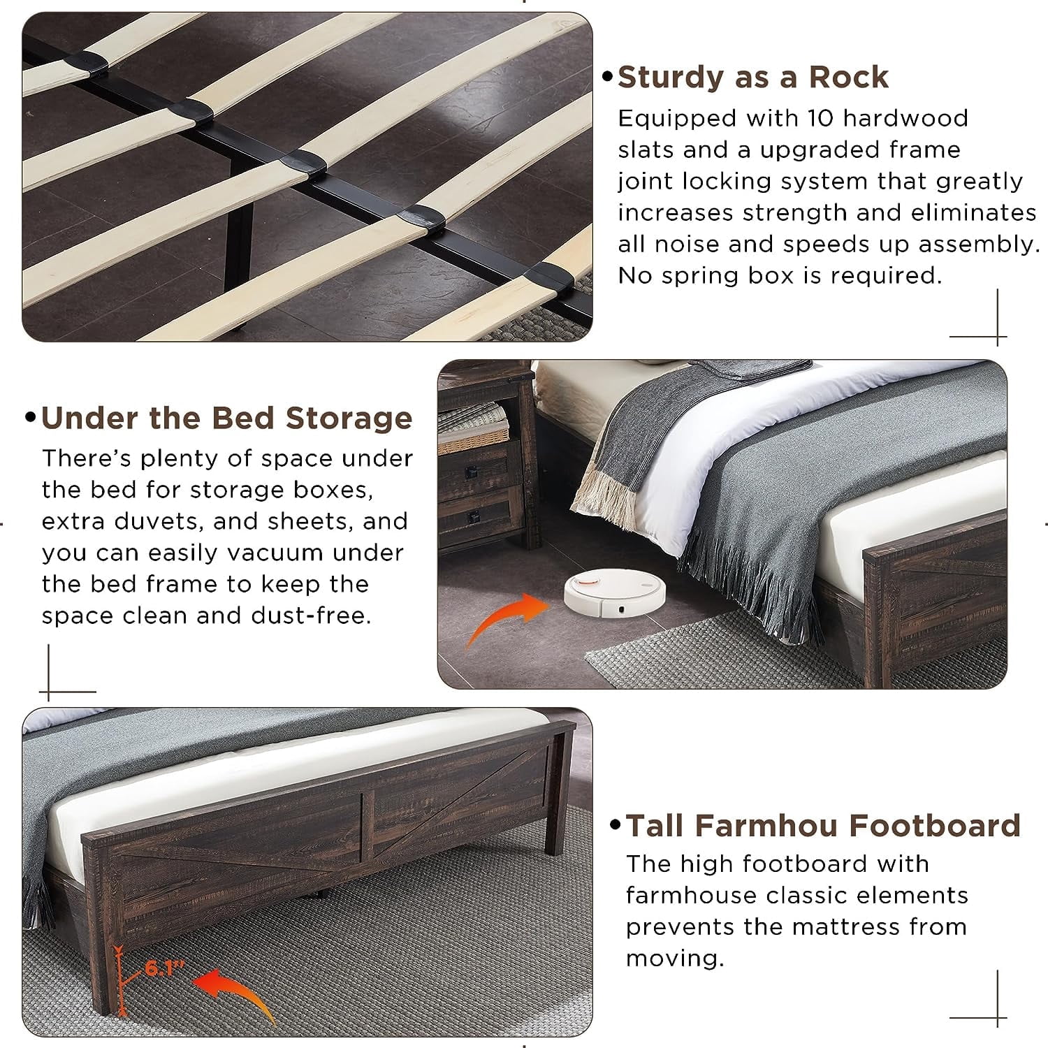 OKD Modern Farmhouse King Platform Bed with Bookcase Headboard Storage and Charging Station, No Box Spring Needed, Dark Rustic Oak