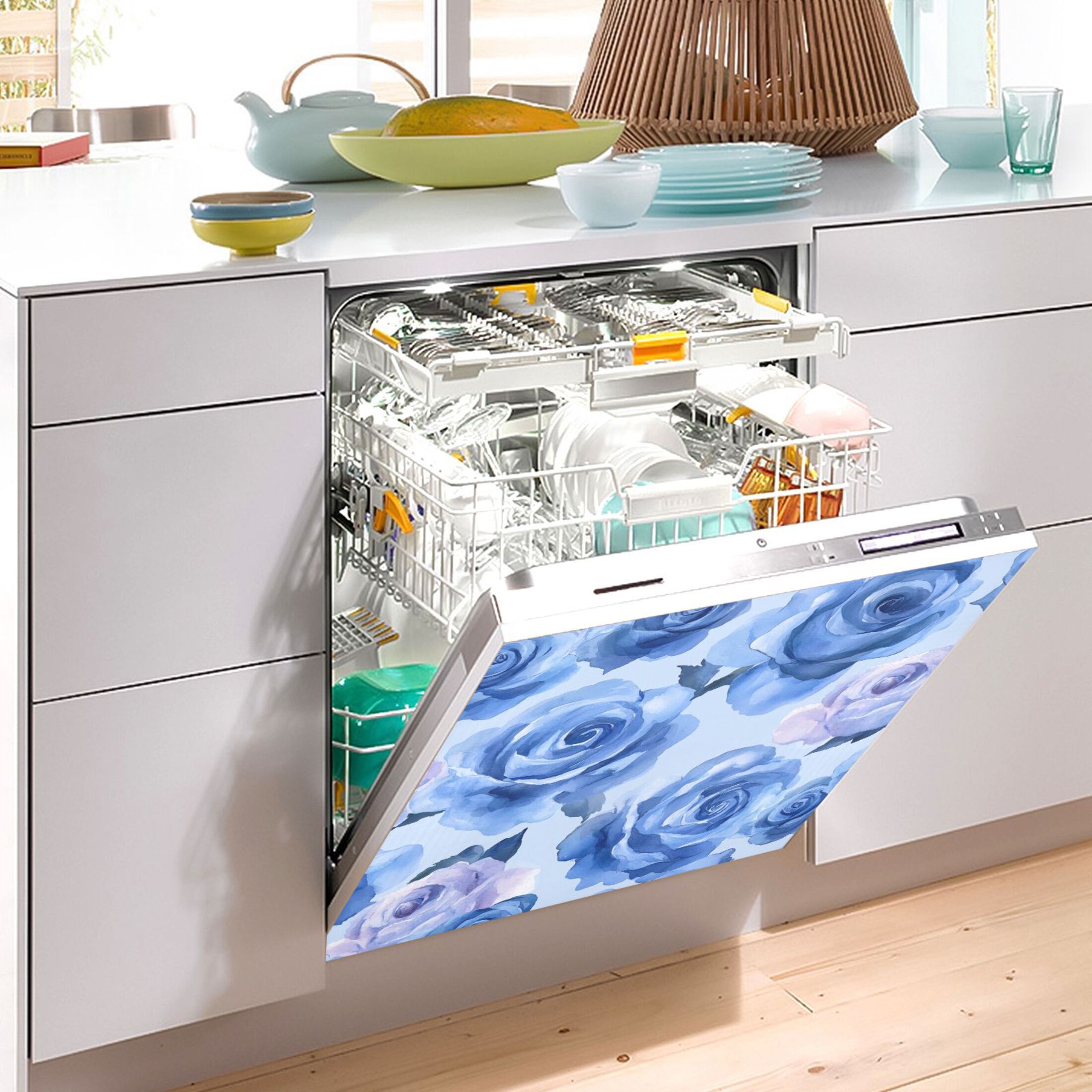 Dishwasher Magnetic Sticker 23x26 Inch Refrigerator Magnetic Sticker Washing Machine Magnetic Sticker Kitchen Panel Magnetic Sticker Home Decor Blue Roses Seamless
