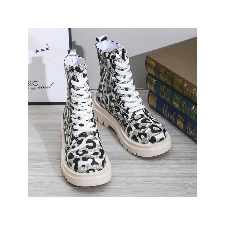 SIMANLAN Women Fashion Combat Boot Comfortable Leopard Print Ankle