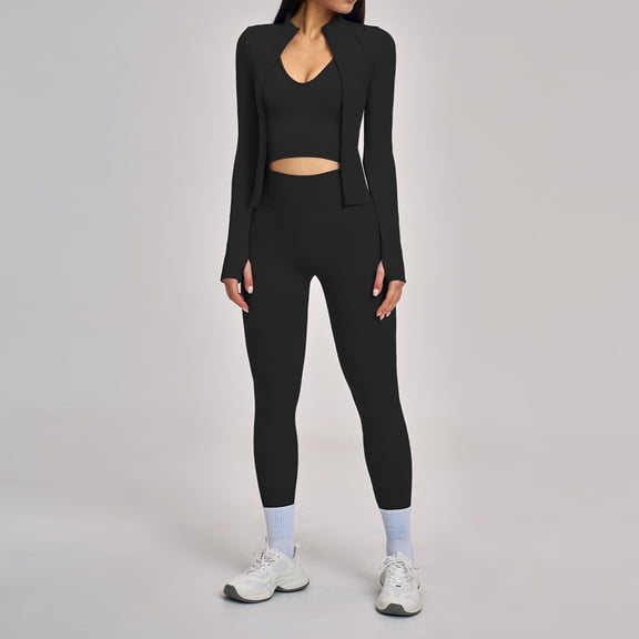 PISONIC Workout Sets for Women 3 Piece Long Sleeve Zip Up Jacket, V-neck Cami Tank Top, High Waisted Leggings Gym Athletic Sets