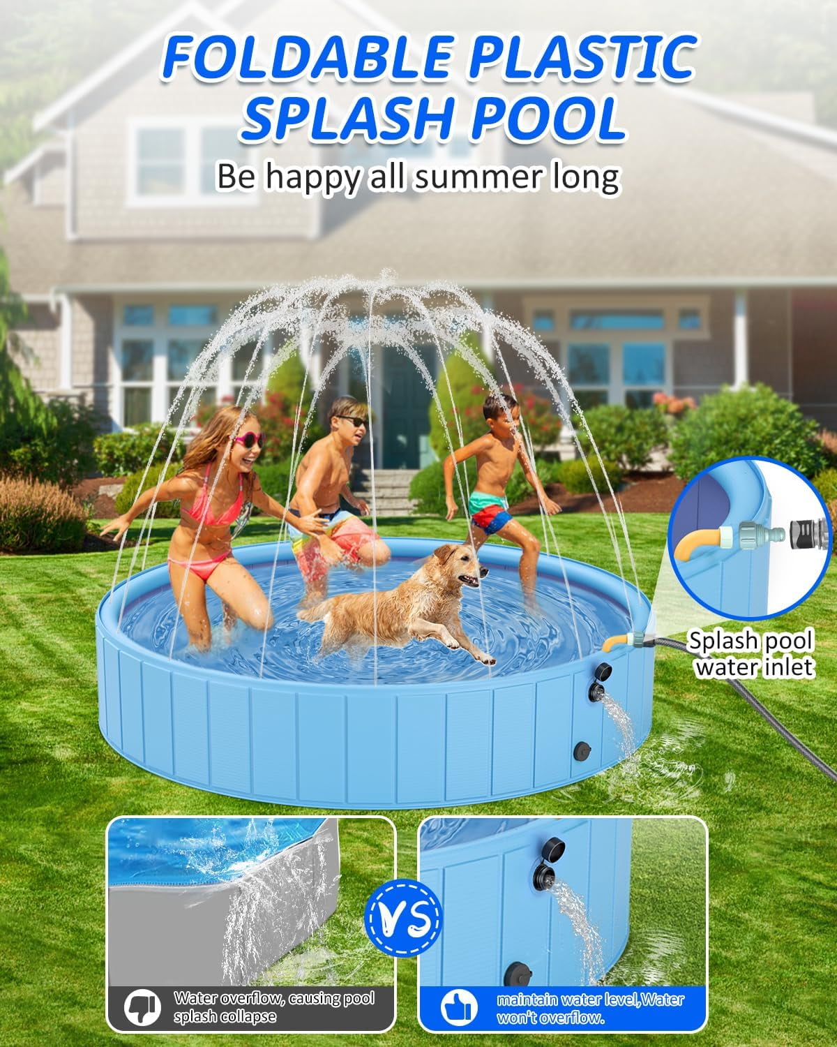 Dog Pools for Large Dogs, 2-in-1 Sprinkler Pool for Kids Non-Slip Dog Swimming Pool for Outdoor Backyard Kids Dogs Ducks and Pet Baths 70" x 12"